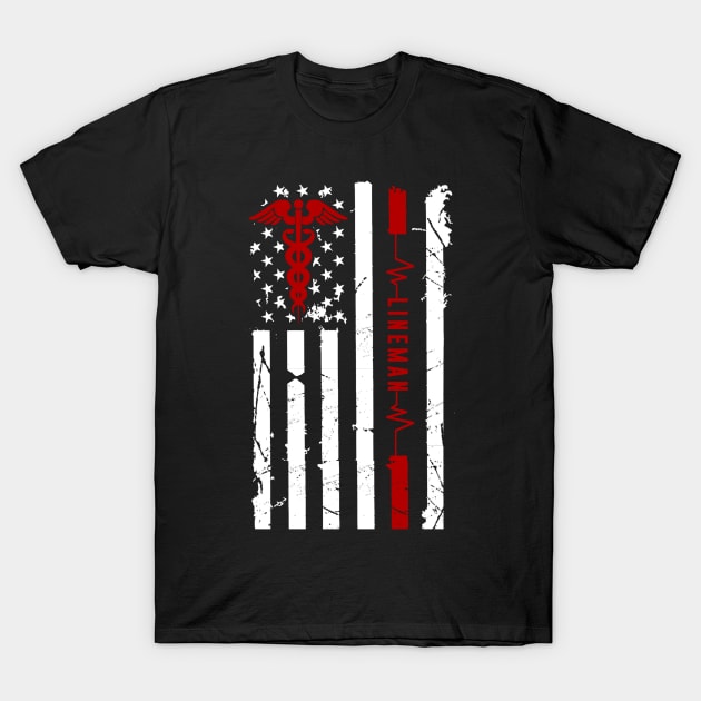 Lineman Heartbeat Flag American T-Shirt by Pelman